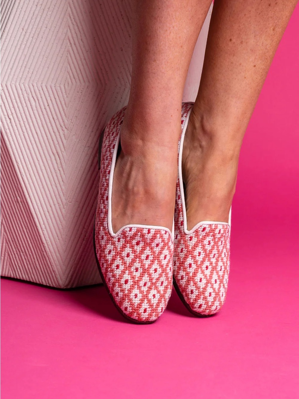 Needlepoint Coral and Cream Slip-On Women's Loafers